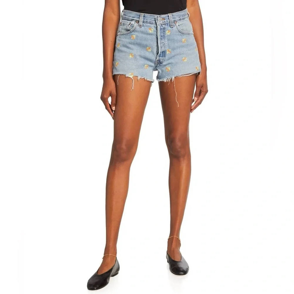 RE/DONE Levi’s The Short NEW Size 28 Floral Indigo Embroidered Jean Shorts